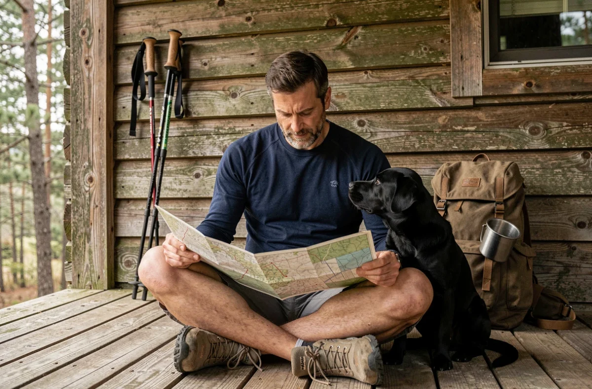 Homme planifiant un itinéraire de randonnée avec son labrador noir sur le porche d'un chalet