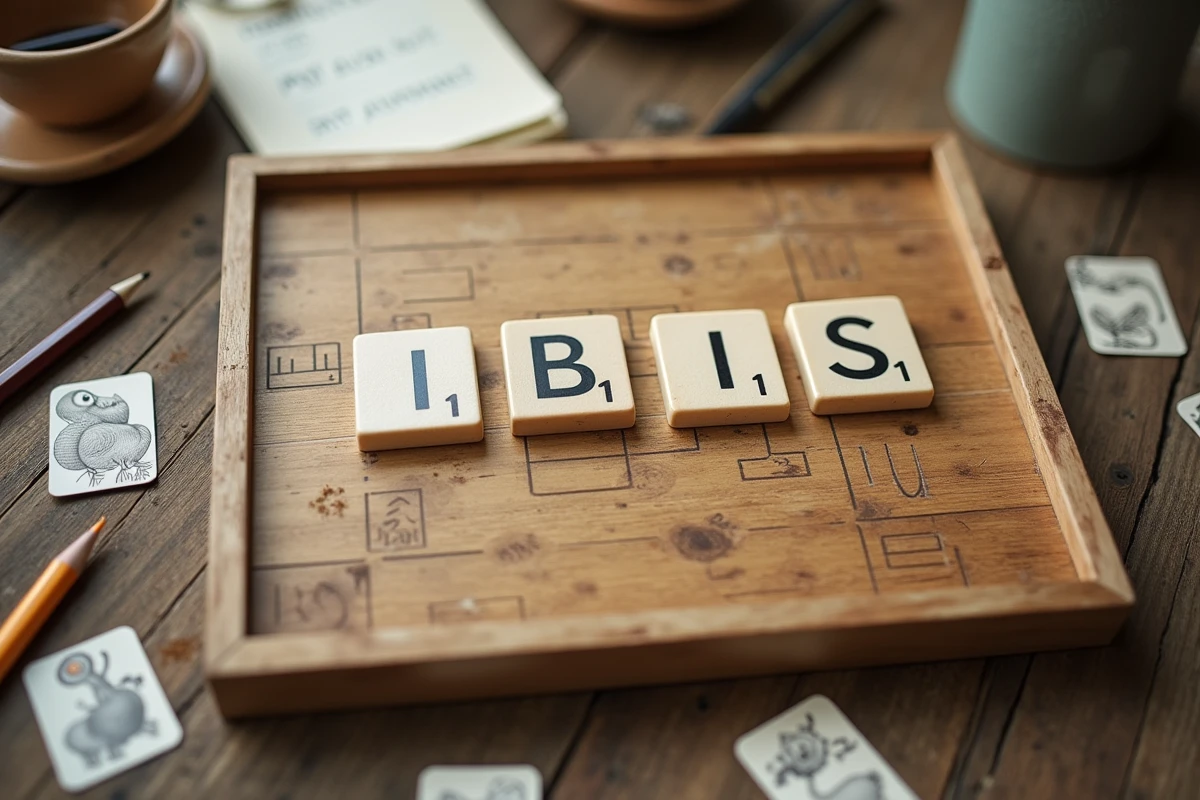 Vue de dessus d'un plateau de jeu avec des tuiles formant le mot IBIS et des cartes d'animaux illustrées