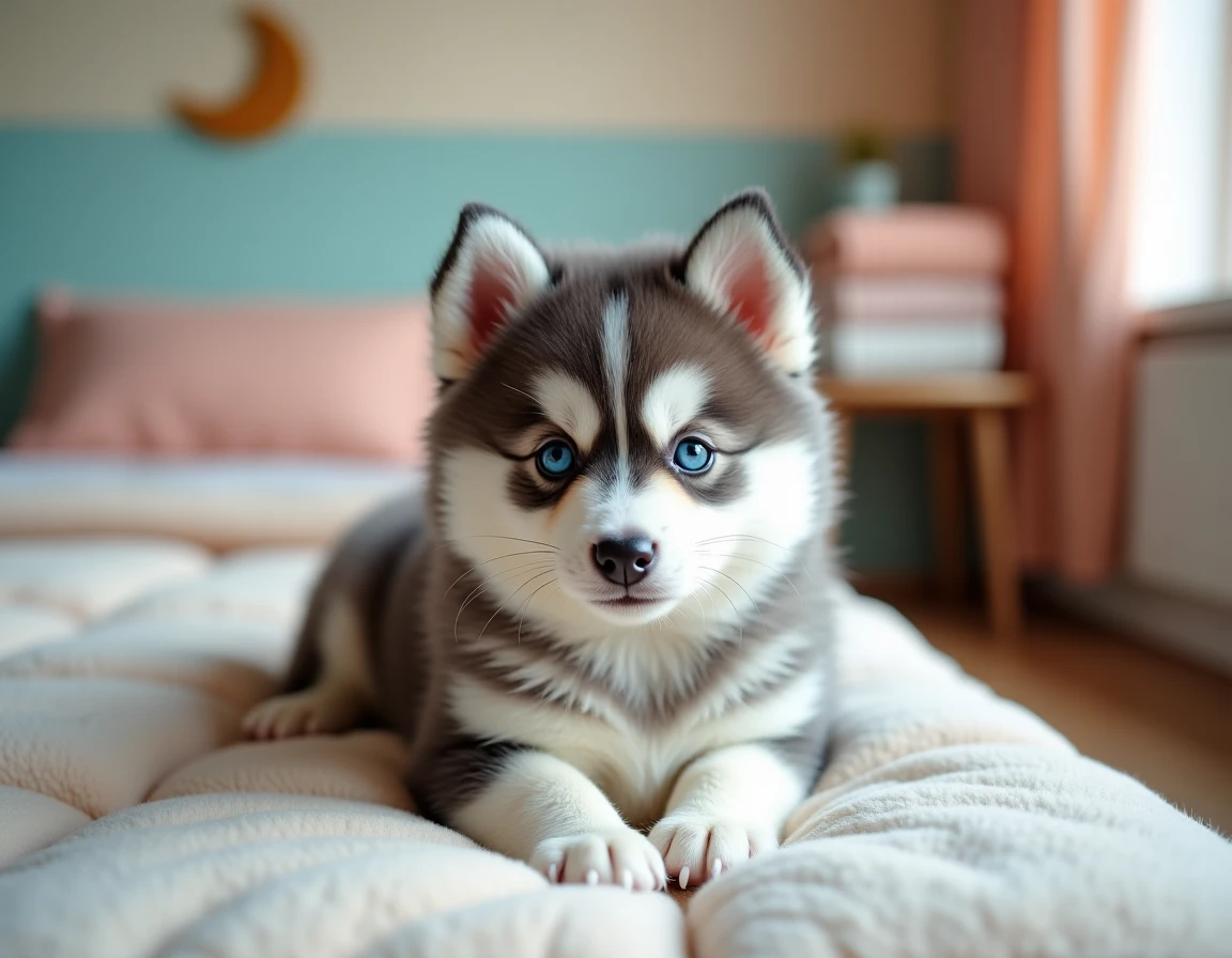 Chiot Pomsky aux yeux bleus perçants sur une couverture polaire à l'élevage Pomsky de la Luna à Noisy-le-Grand