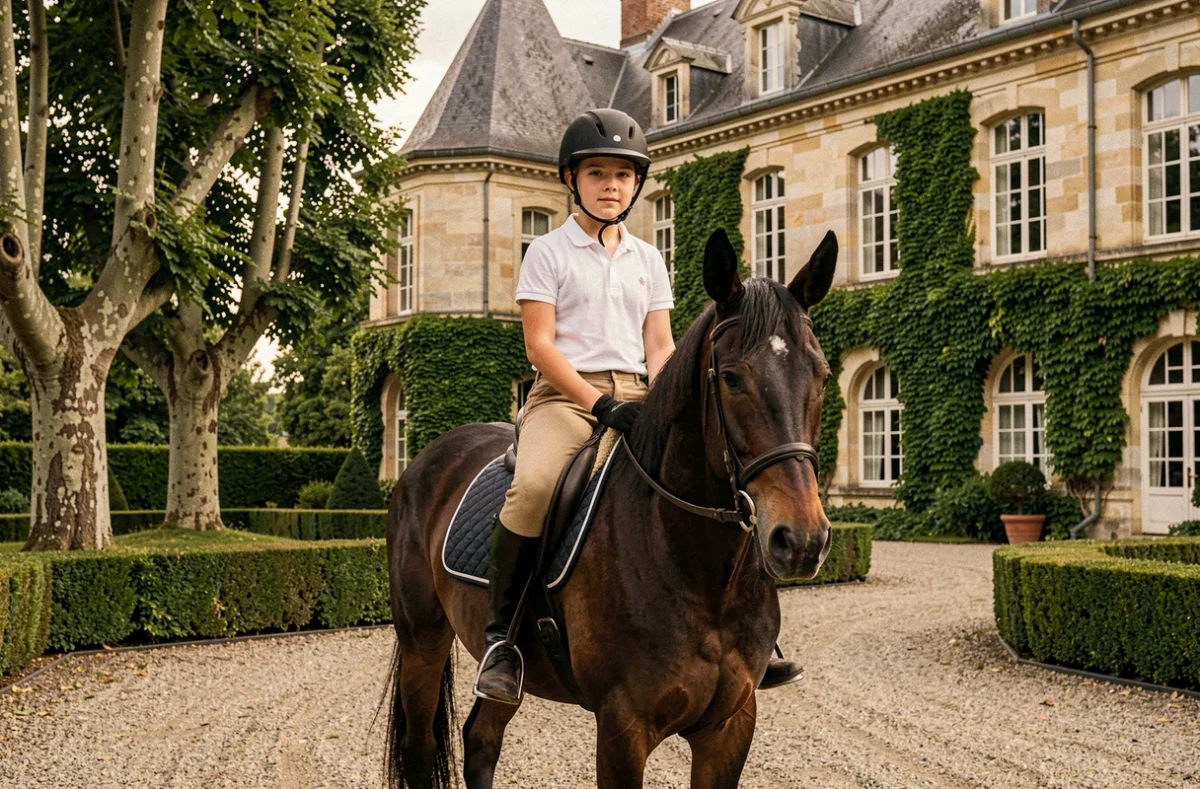 Jeune cavalière à cheval devant le château du Poney-Club du Château Perron en Gironde