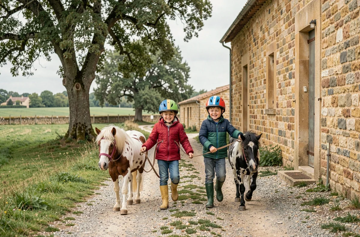 Enfants menant leurs poneys au Poney Club de Bazas dans un cadre verdoyant de la Gironde