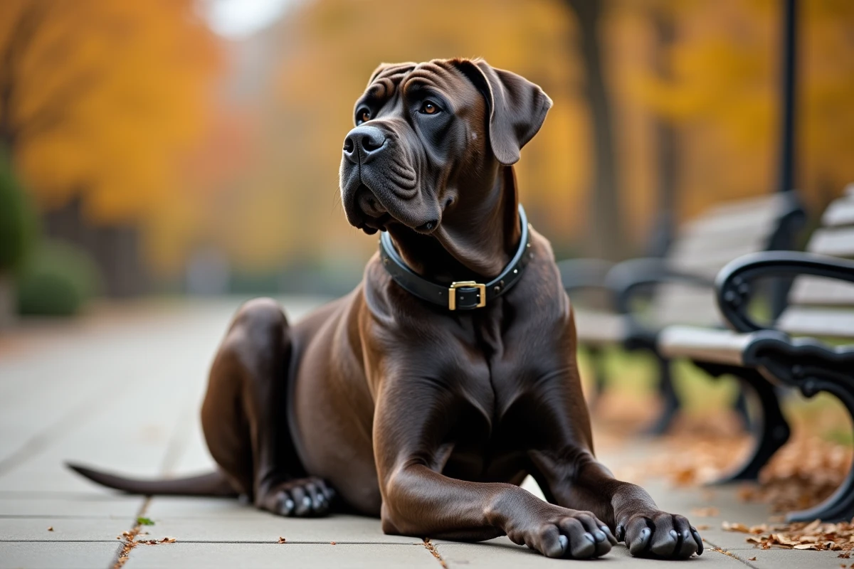 Portrait rapproché d'un Cane Corso au regard attentif dans un parc urbain en automne