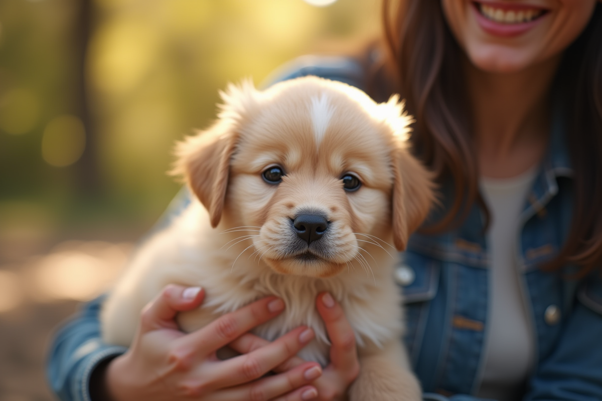 Portrait d un chiot pelucheux caresse par un adulte dans une ambiance naturelle