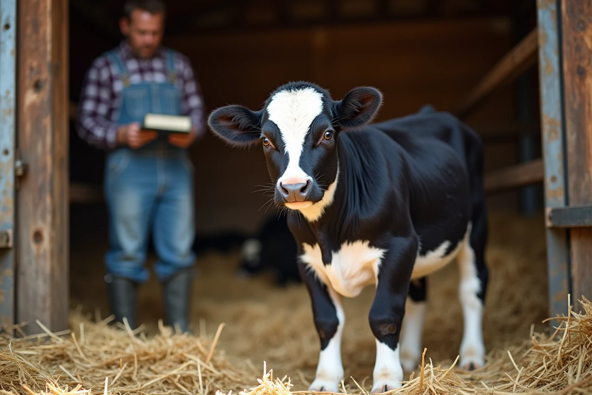 Mini vache Belted Galloway noire et blanche dans une étable avec son éleveur examinant une fiche de prix