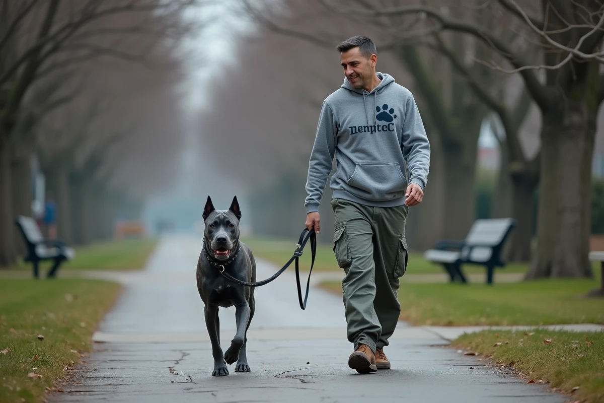 Un Cane Corso bleu adulte en laisse promené par un bénévole de refuge sur un chemin arboré, illustrant le processus d'adoption et de socialisation