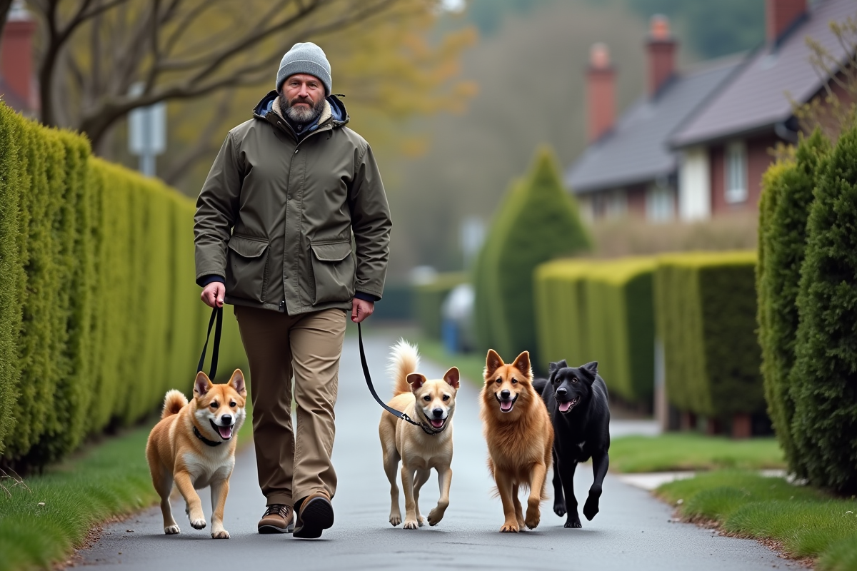Homme promenant trois chiens dans un quartier résidentiel