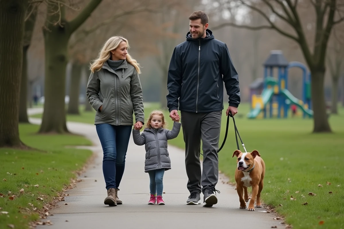 Femme et enfant observant un staffordshire au parc