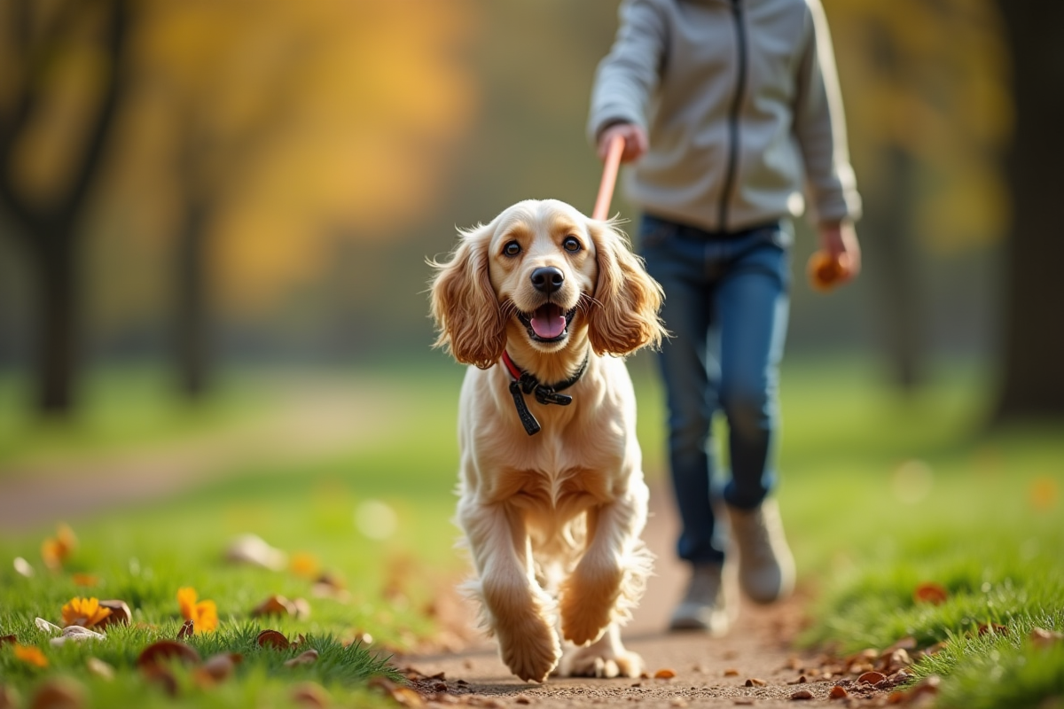 Enfant donnant une friandise à un cocker en promenade dans un parc