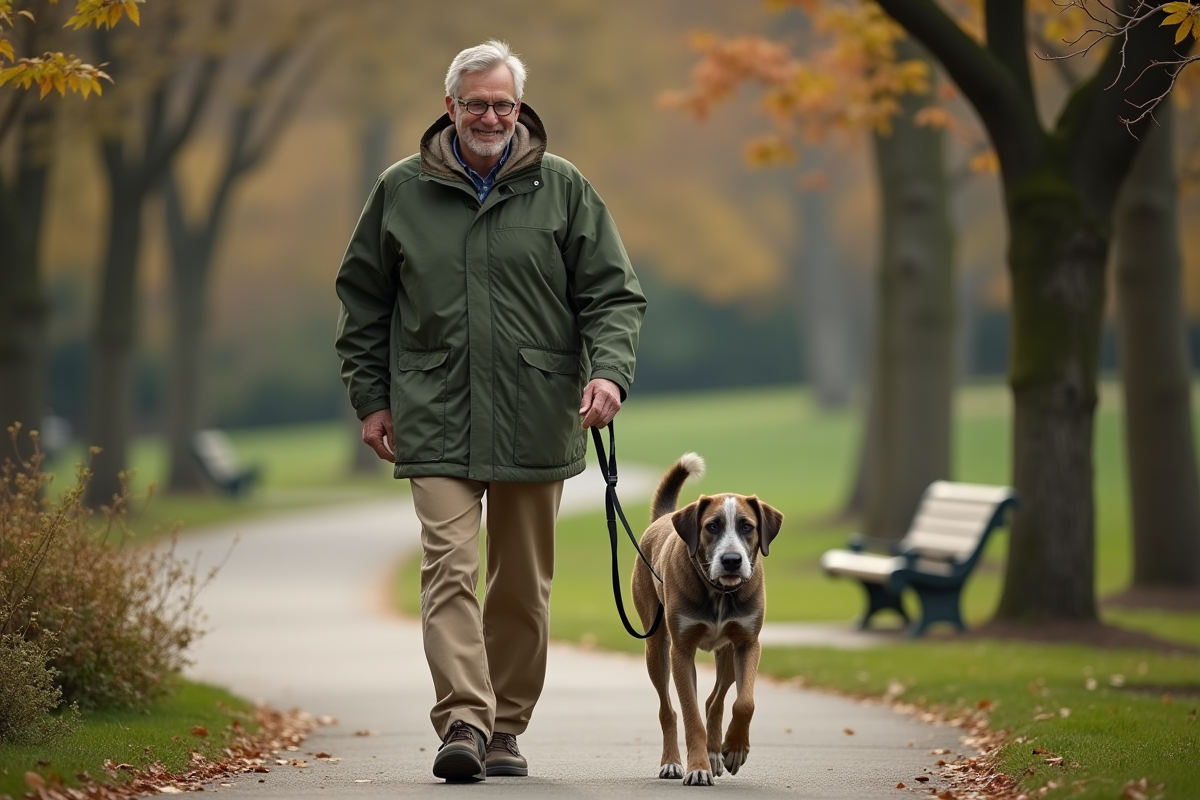 Homme marche avec son chien dans un parc urbain