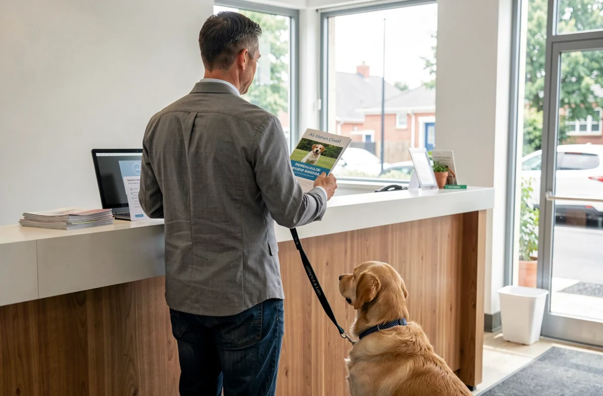Propriétaire au guichet avec son chien et un carnet de santé