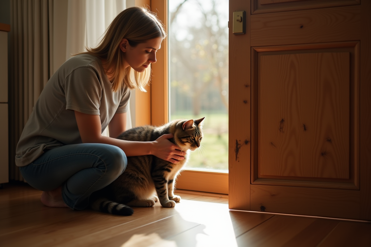 Propriétaire inquiet tenant son chat près d