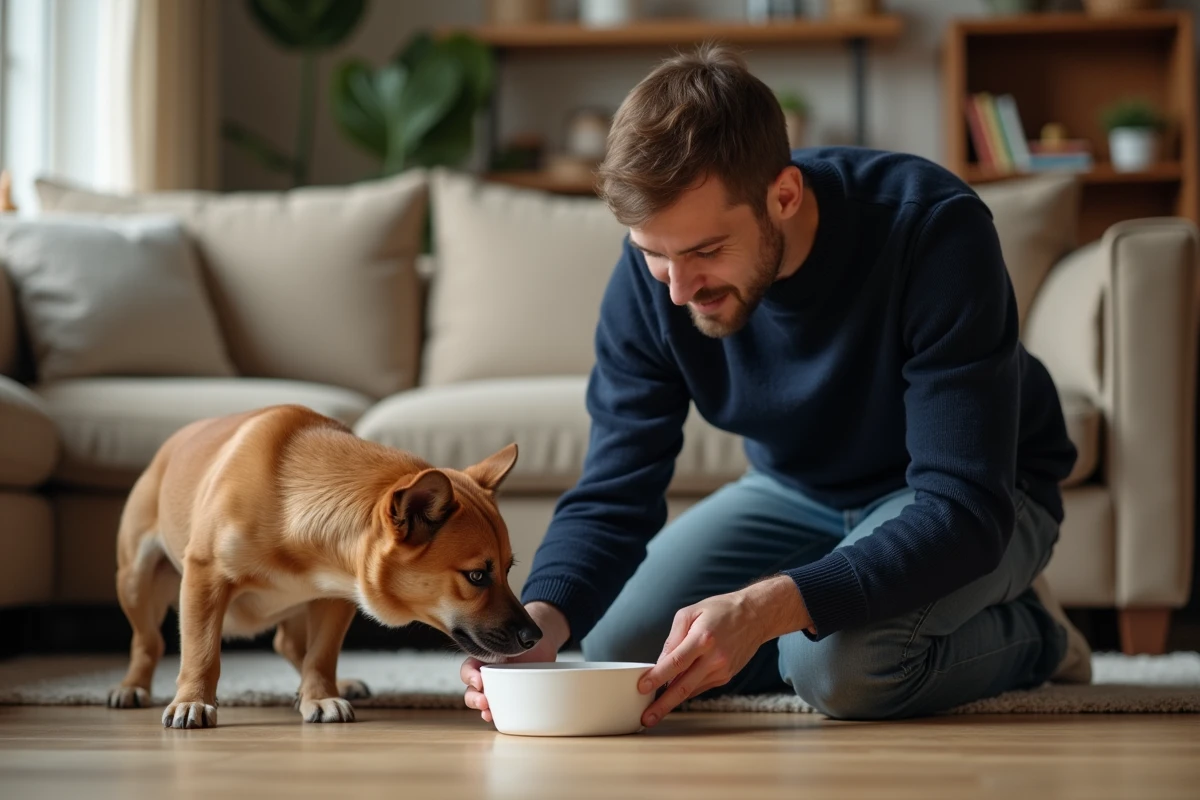 Propriétaire offrant de l'eau à son chien malade souffrant de vomissements bilieux dans le salon