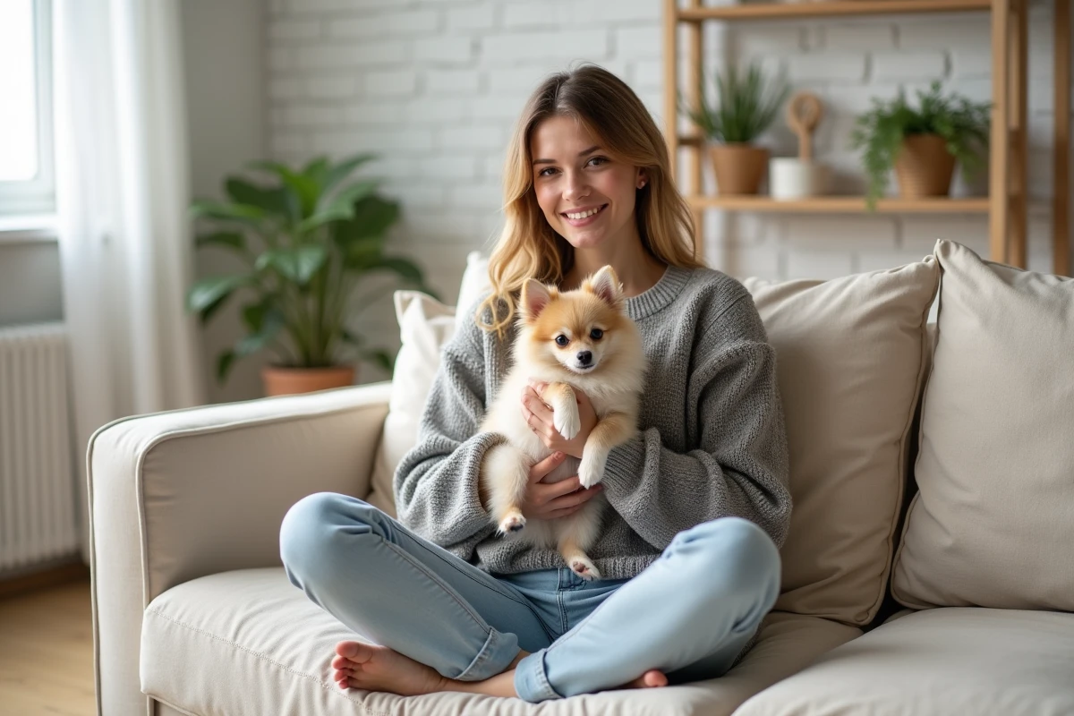 Femme tenant un Spitz Chihuahua dans ses bras sur un canapé dans un salon cosy