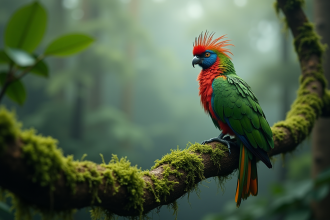 Quetzal perché sur une branche dans la forêt tropicale