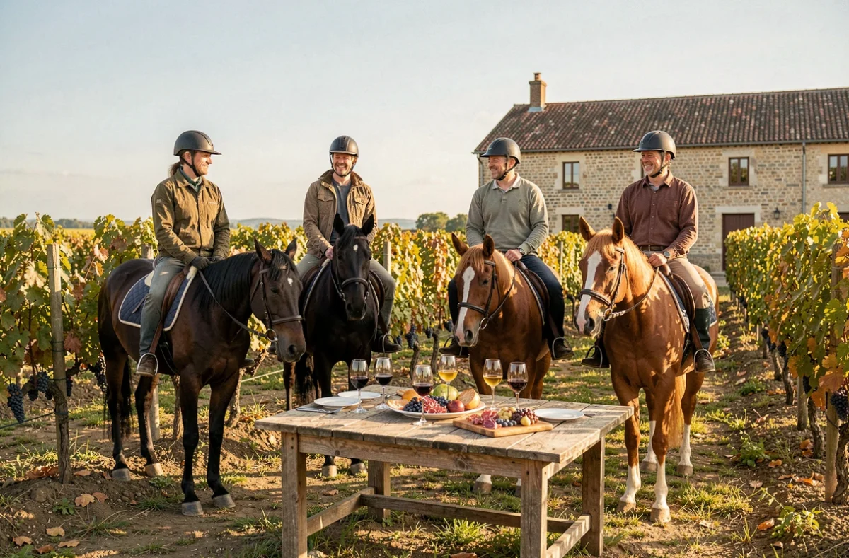 Cavaliers faisant une pause gastronomique au milieu des vignes lors du Rallye Équestre et Gourmand en vignoble girondin