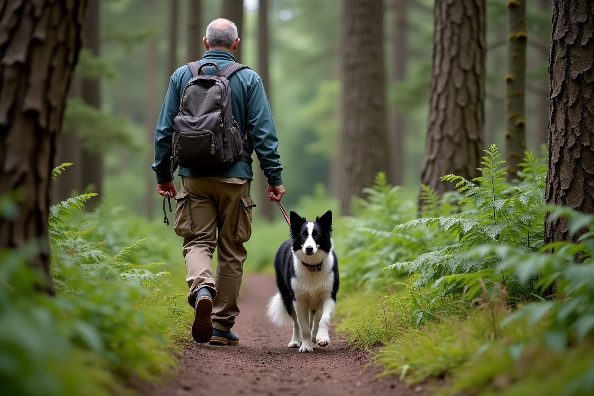 Homme en randonnée avec son chien dans la forêt