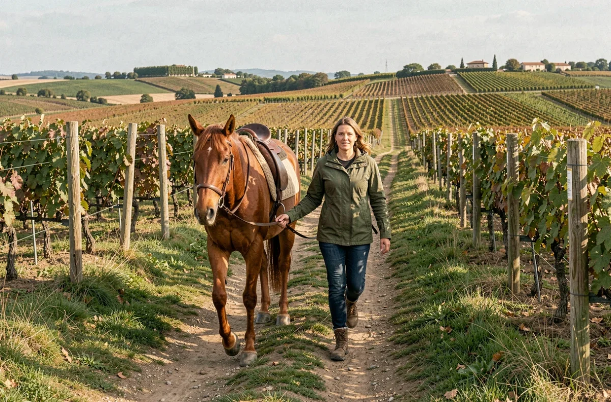 Randonneuse conduisant son cheval sur un sentier balisé près de Pessac pour la Fédération Française de Randonneurs Équestres