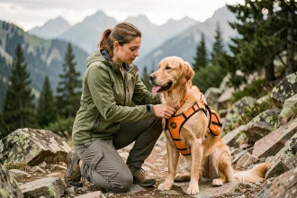 Randonneuse préparant le harnais de son golden retriever avant une randonnée en montagne