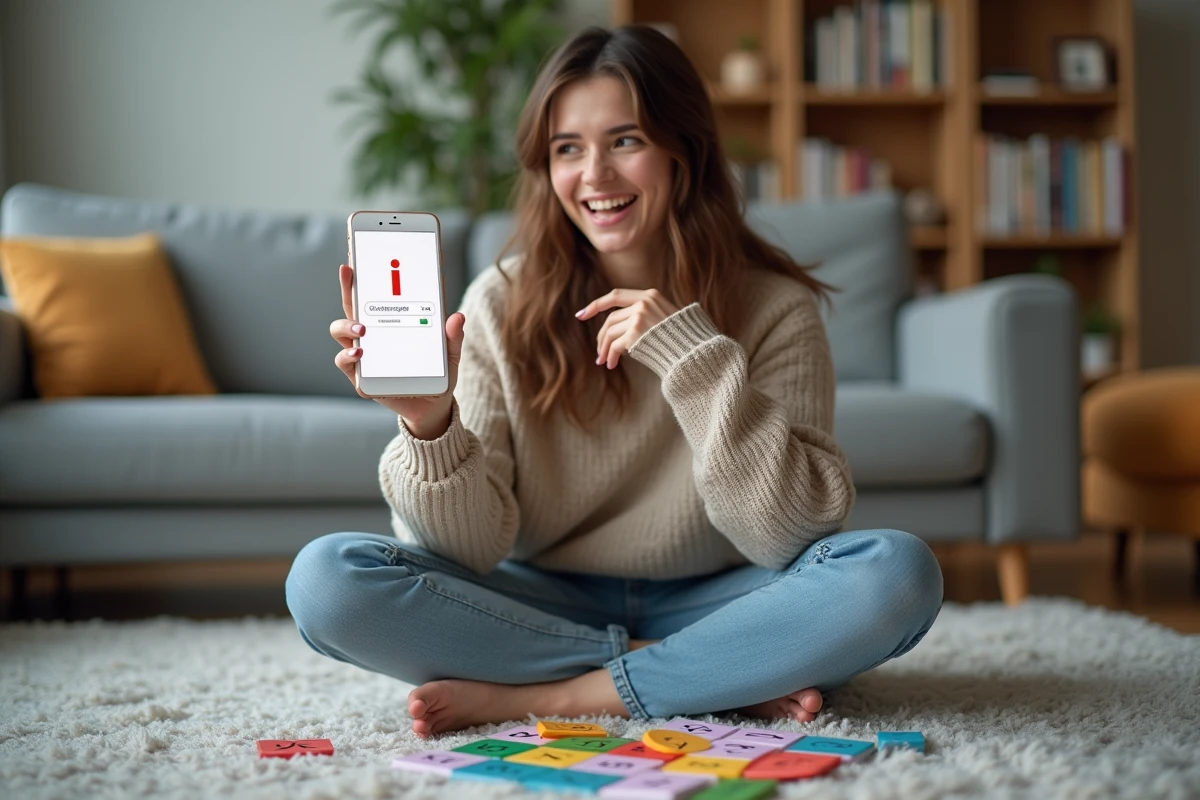 Jeune femme cherchant sur son téléphone un animal commençant par I pendant une partie de jeu de société