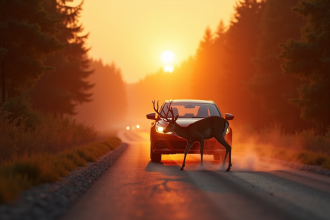 Voiture sur une route rurale au lever du soleil avec un cerf surpris devant