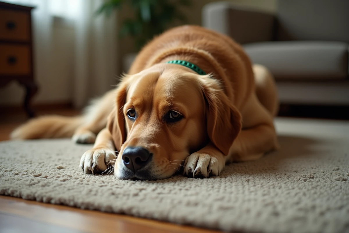 Golden retriever couché dans un salon chaleureux