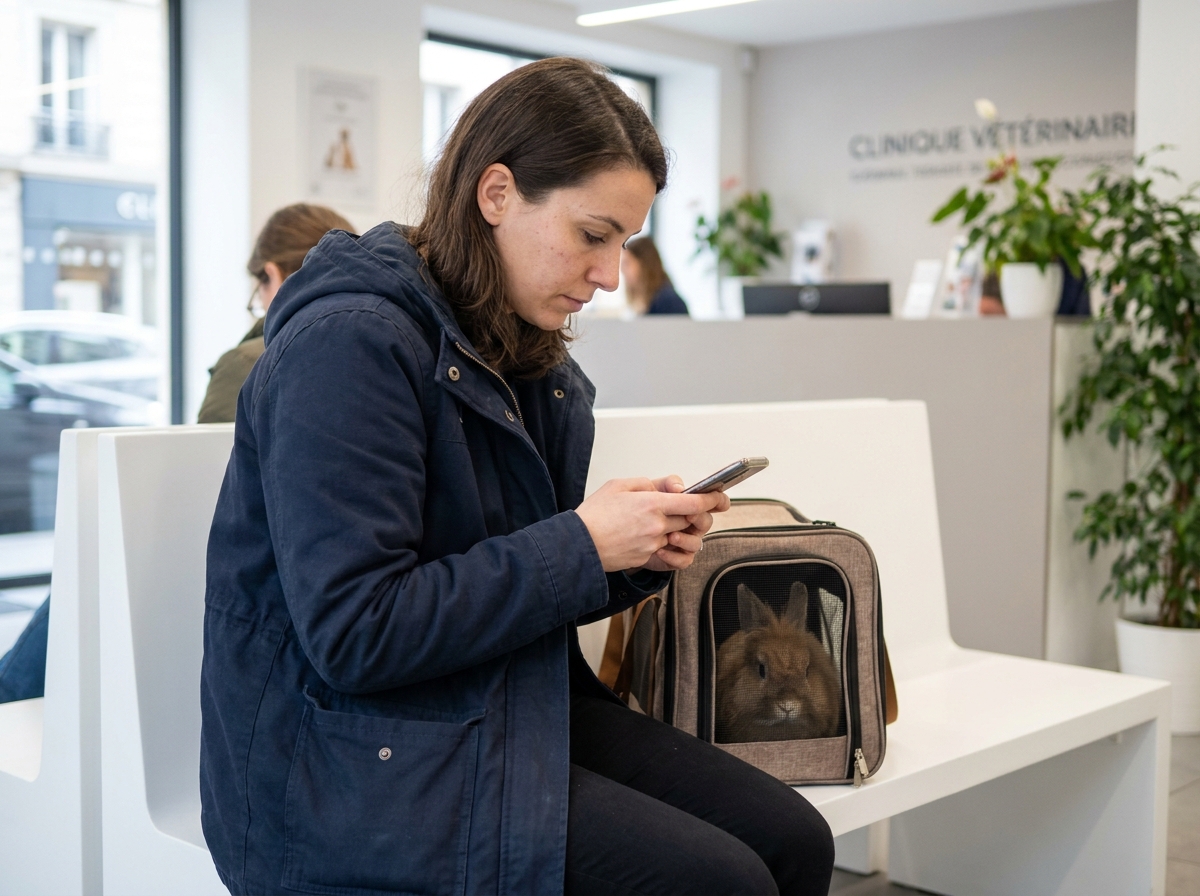 Jeune femme dans une salle d'attente de clinique vétérinaire à Paris consultant son téléphone avec son lapin dans un sac transporteur