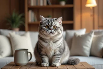 Chat Scottish Fold aux oreilles repliées et aux yeux ambrés posé sur une table en bois dans un intérieur scandinave chaleureux