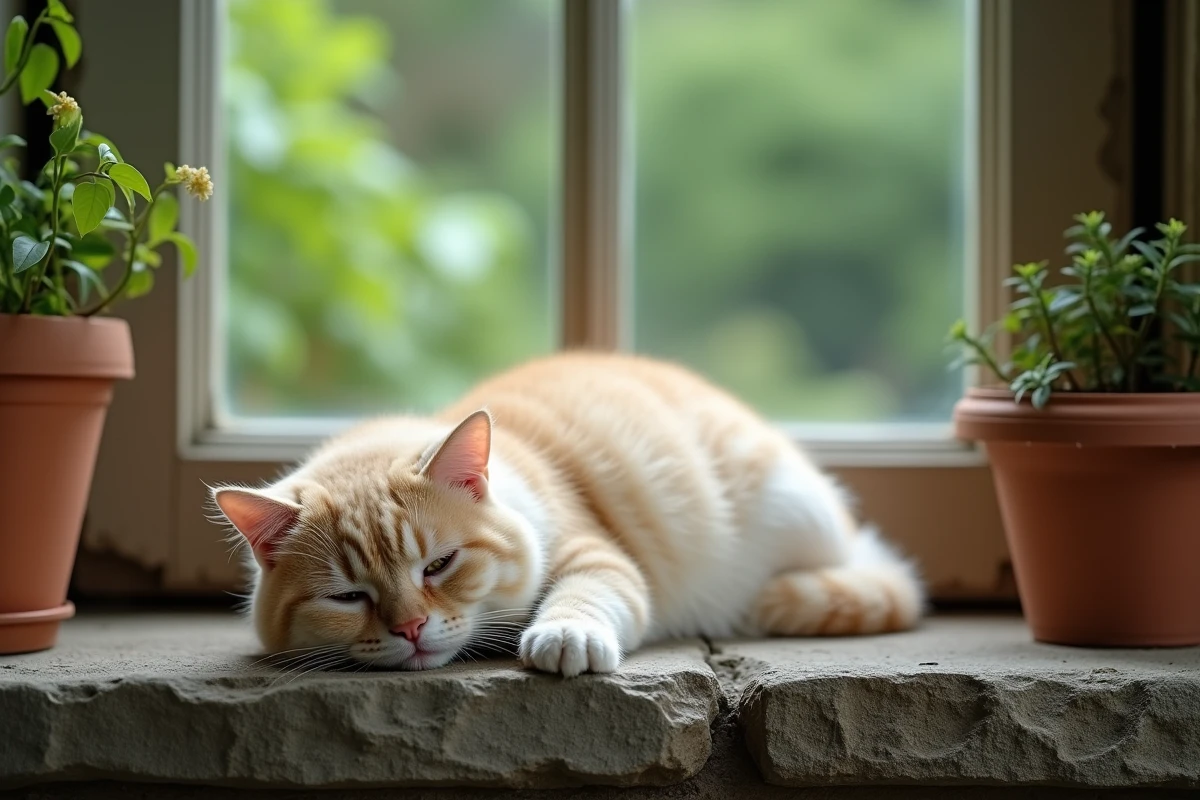 Chat Scottish Fold crème en position loaf sur un rebord de fenêtre en pierre avec un jardin vert en arrière-plan
