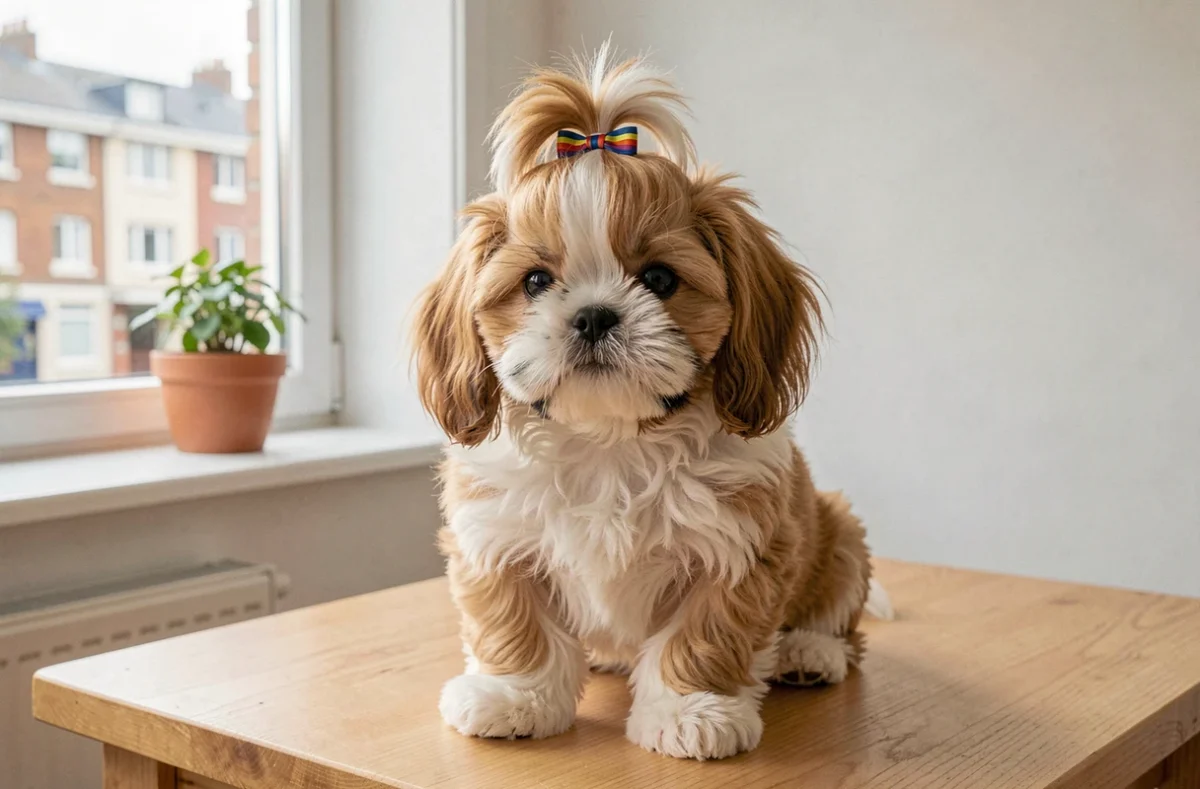 Chiot Shih Tzu au pelage doré fluide avec un nœud coloré dans les cheveux à l'élevage Porte de Bagnolet