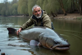 Pêcheur tenant un silure géant hors de l'eau sur les berges d'une rivière européenne, poisson imposant aux écailles grises luisantes