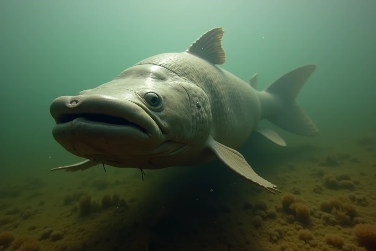 Vue sous-marine d'un silure géant nageant dans une rivière trouble, tête imposante et barbillons en avant-plan dans une eau verte et sombre