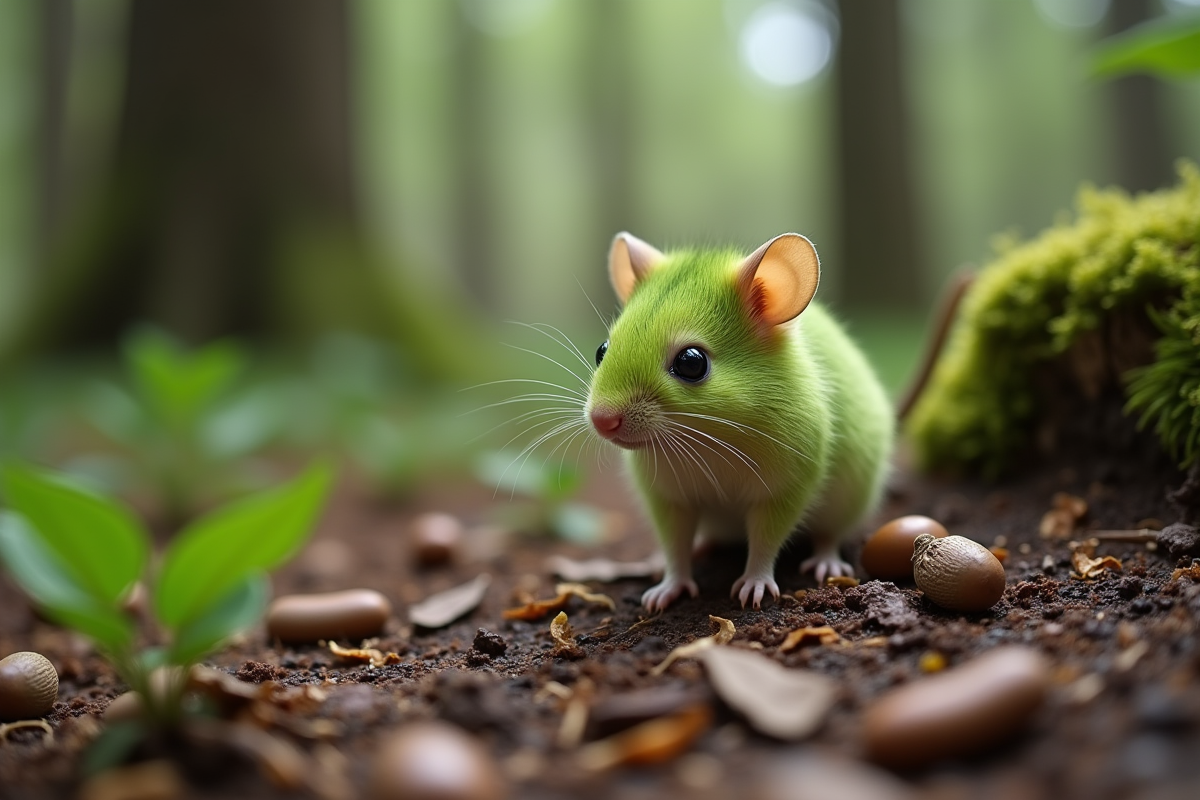 Petite souris à la fourrure verte sur le sol forestier