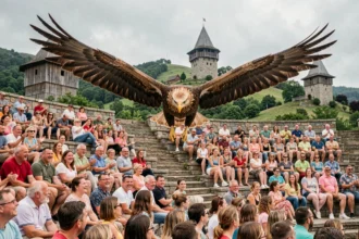 Aigle royal en vol rasant au-dessus du public lors du spectacle des oiseaux du Puy du Fou