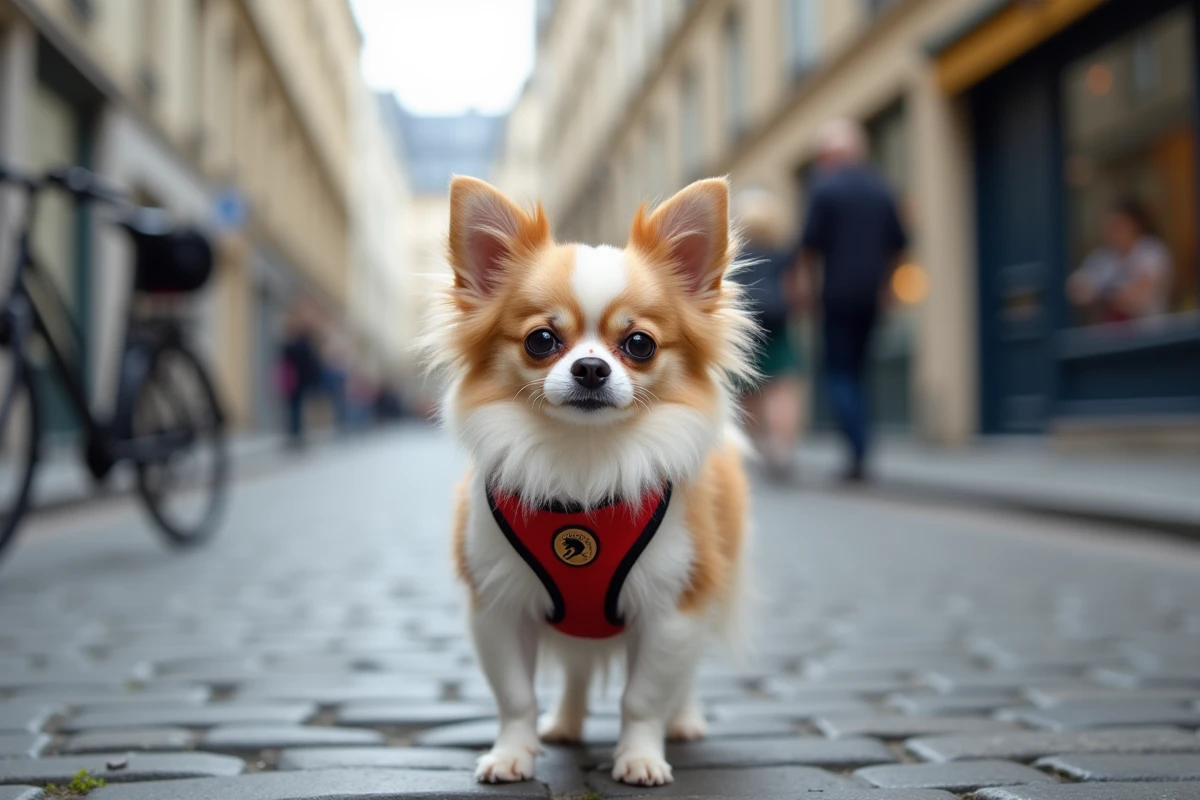 Petit chien Spitz Chihuahua en laisse dans une rue pavée d'une ville française