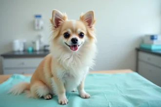 Petit chien Spitz Chihuahua posé sur une table d'examen vétérinaire dans une clinique moderne