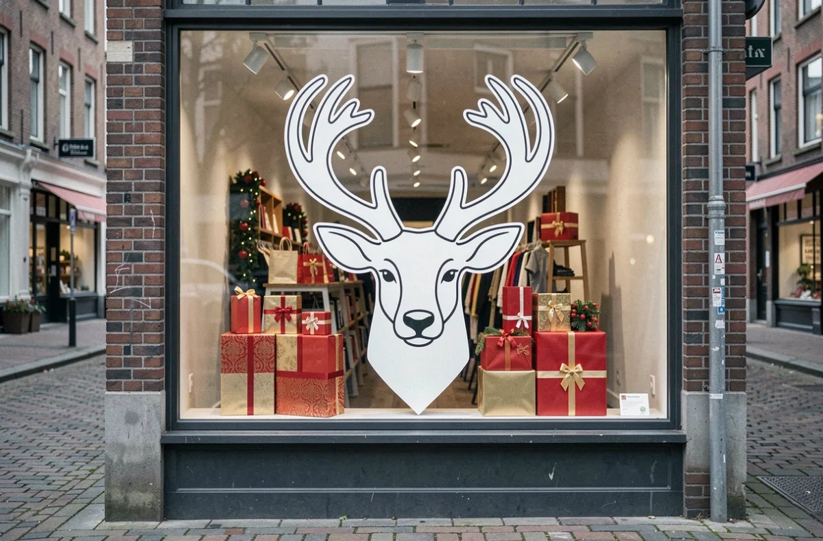 Sticker adhésif de tête de renne appliqué sur la vitrine d'un magasin en milieu urbain, avec des décorations de Noël visibles à l'intérieur