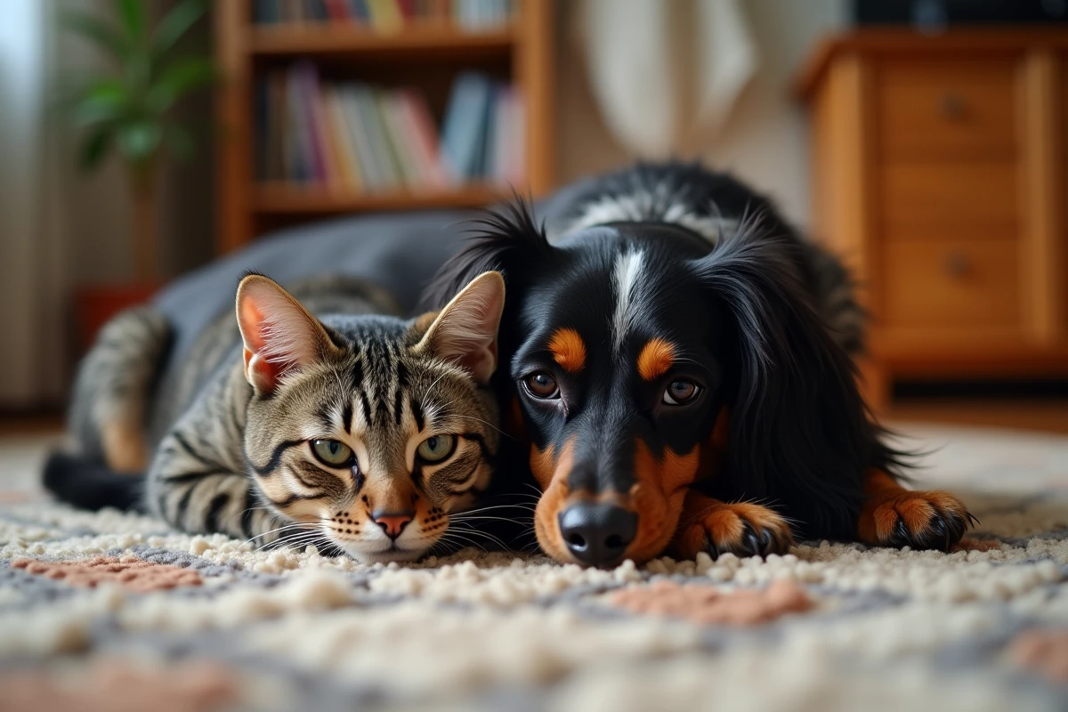 Teckel arlequin poil long allongé paisiblement aux côtés d'un chat tigré sur un tapis de salon