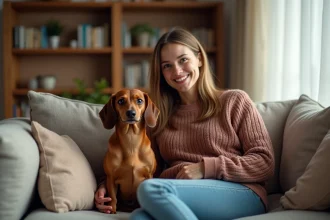 Teckel non standard assis sur un canapé familial avec sa propriétaire souriante dans un intérieur chaleureux
