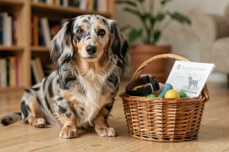 Teckel nain poil long arlequin assis près d'accessoires pour chien illustrant le budget mensuel d'entretien