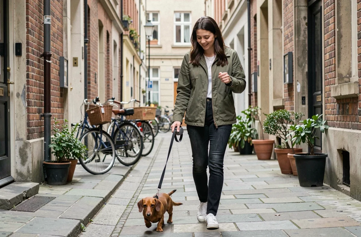 Femme promenant un Teckel nain adulte en laisse sur un trottoir urbain, montrant l'exercice quotidien nécessaire en appartement