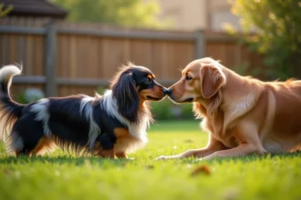 Teckel poil long arlequin en interaction amicale avec un golden retriever dans un jardin verdoyant