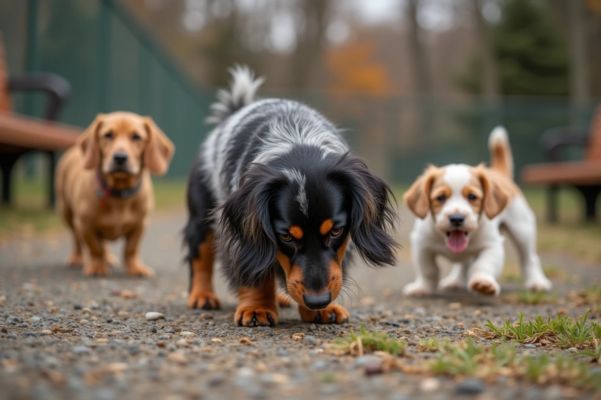 Teckel poil long arlequin en socialisation avec d'autres chiens dans un parc canin en plein air