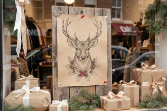 Vitrine de magasin décorée avec un dessin de tête de renne sur papier kraft, entouré de décorations de Noël artisanales