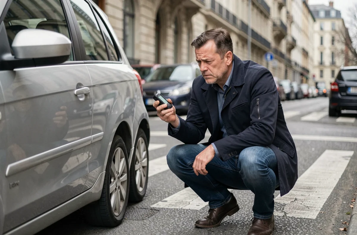 Homme inspectant un traceur GPS défaillant posé sur une voiture en milieu urbain, erreur de suivi par puce de localisation