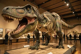 Réplique grandeur nature d'un Tyrannosaure Rex exposée dans un musée d'histoire naturelle, vue en contre-plongée