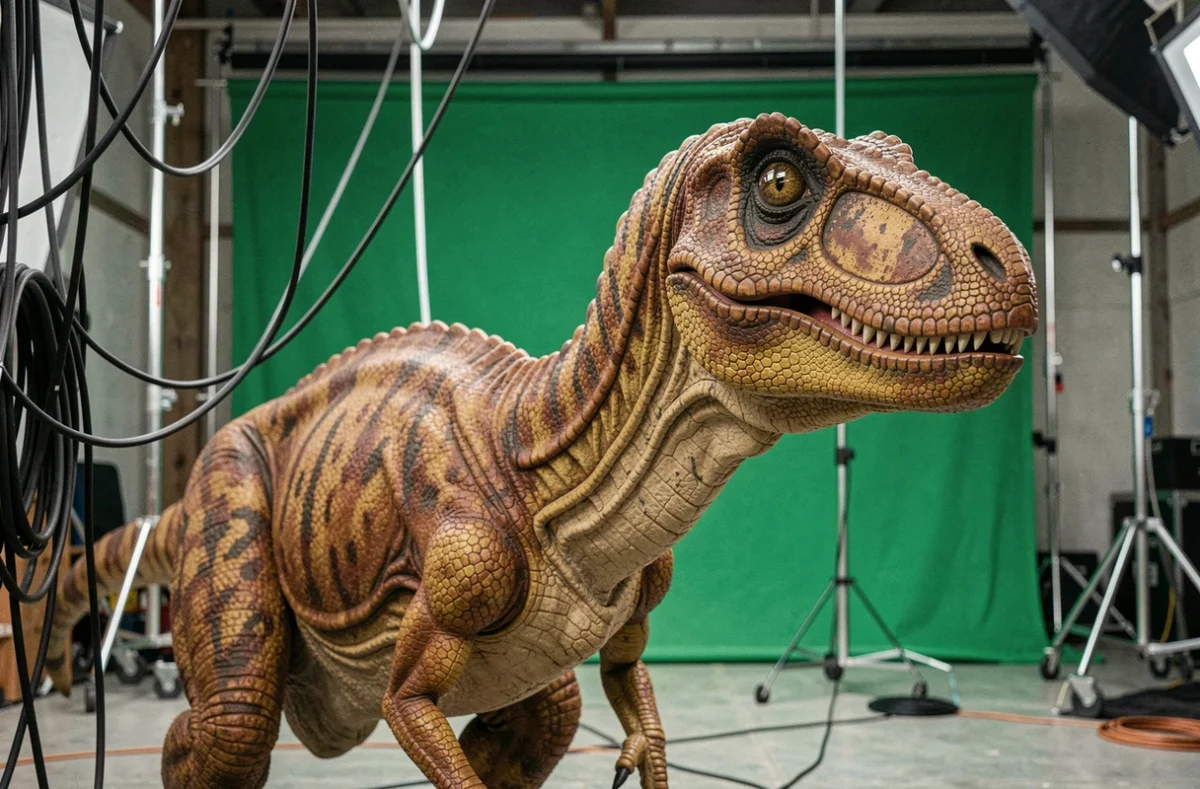 Animatronique de Vélociraptor sur un plateau de tournage hollywoodien avec fond vert et câbles de rigging visibles