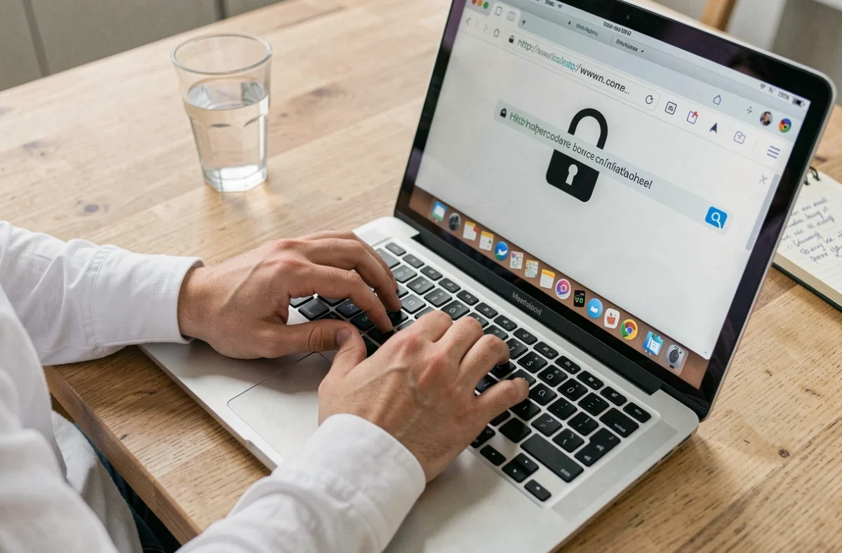 Gros plan sur des mains tapant sur un clavier pour vérifier l'authenticité d'une URL et la sécurité d'un achat en ligne