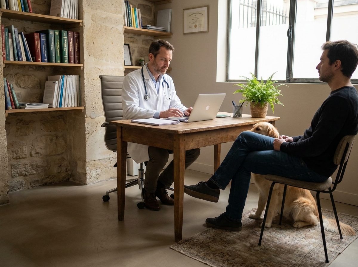 Vétérinaire consultant un dossier médical avec un propriétaire de chien dans un cabinet vétérinaire parisien