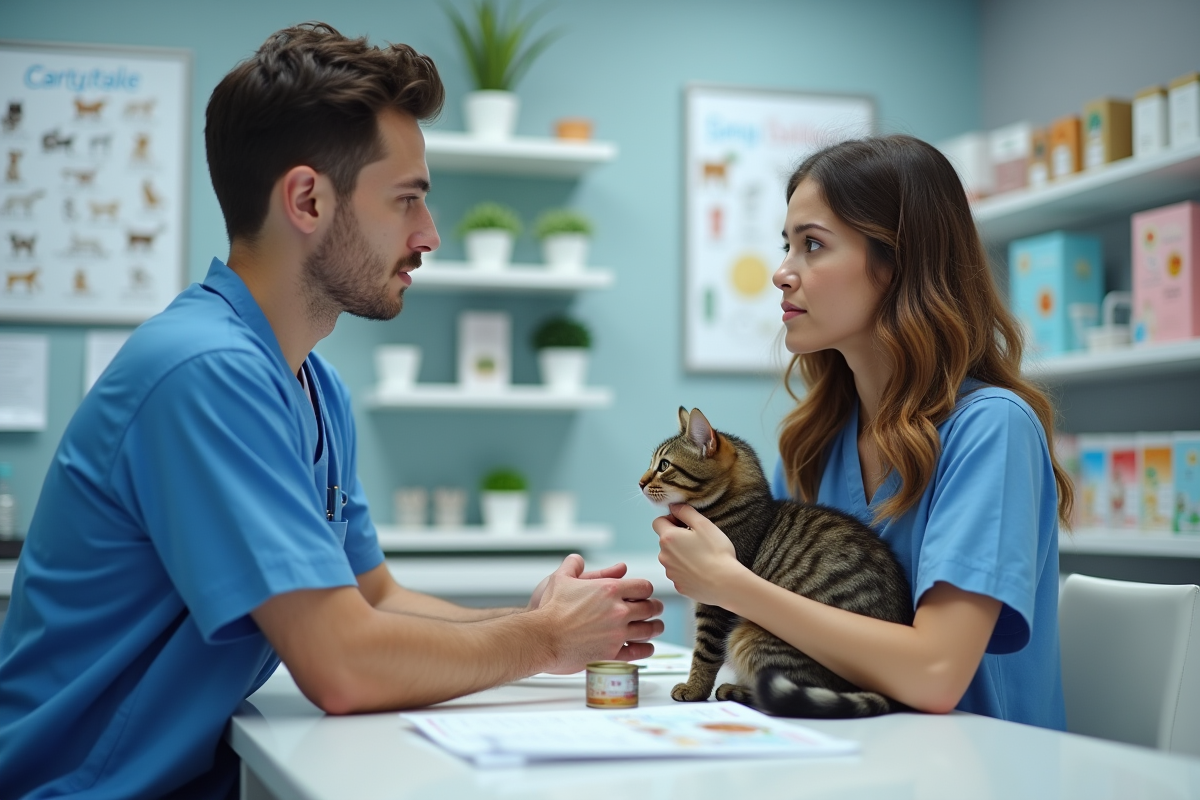 Vétérinaire et propriétaire discutant avec leur chat au cabinet