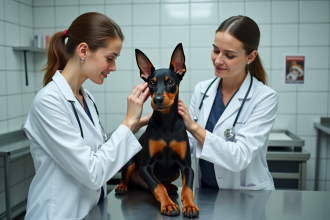 Vétérinaire examinant un dobermann en clinique animale